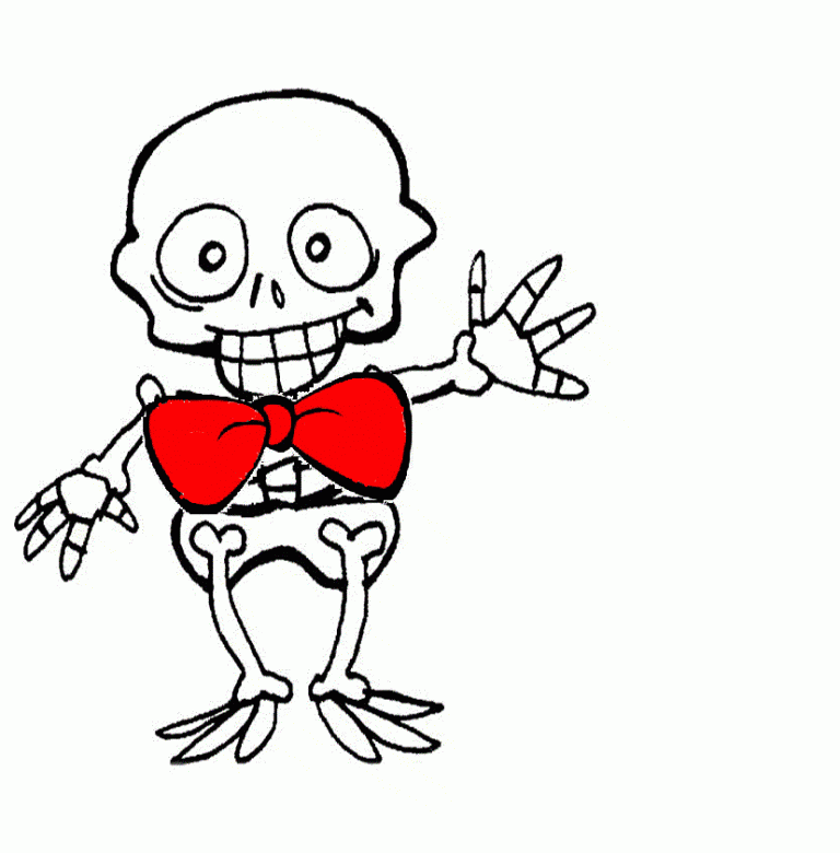 dessin d'un squelette humain avec un nœud papillon rouge