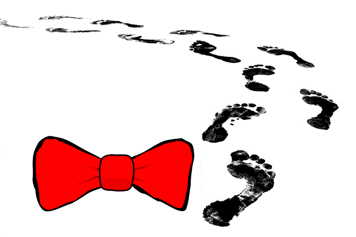 Dessins d'empreintes de pieds nus sur le sol avec une nœud papillon rouge